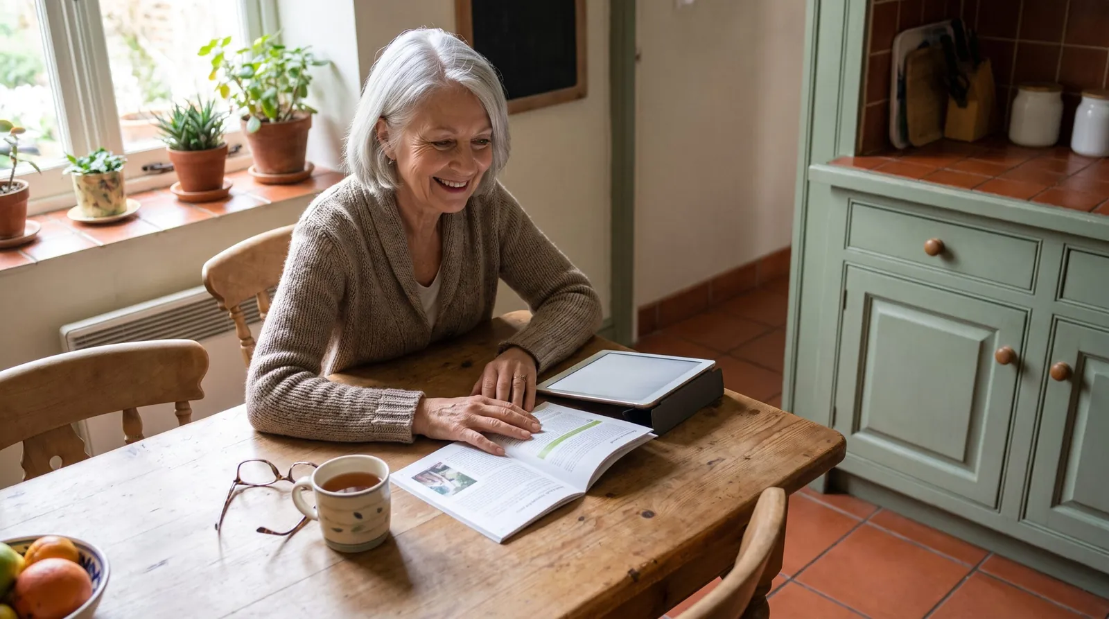 Une femme souriante lit un guide pratique à la table de sa cuisine